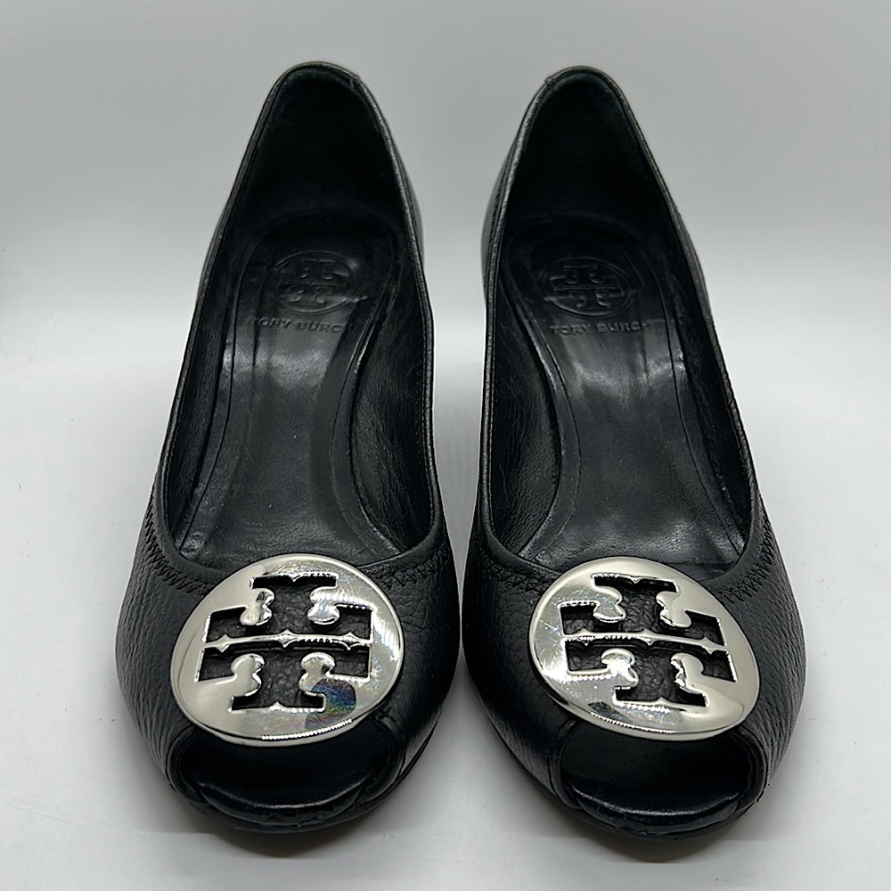 Tory Burch Sexy Black Leather Peep Toe Wedge Heels Shoes **Size 6.5** 🔥🔥 - Picture 2 of 10